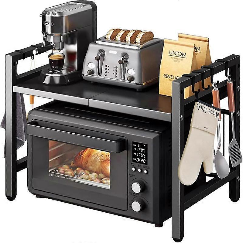 Adjustable Space-Saving Microwave Rack �C 100kg Capacity, Kitchen Shelf with Hooks & Storage Organizer (Black)