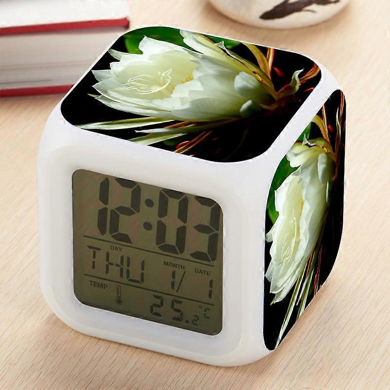 Small alarm clock with epiphyllum pattern, creative desktop square clock, seven-color changing clock.