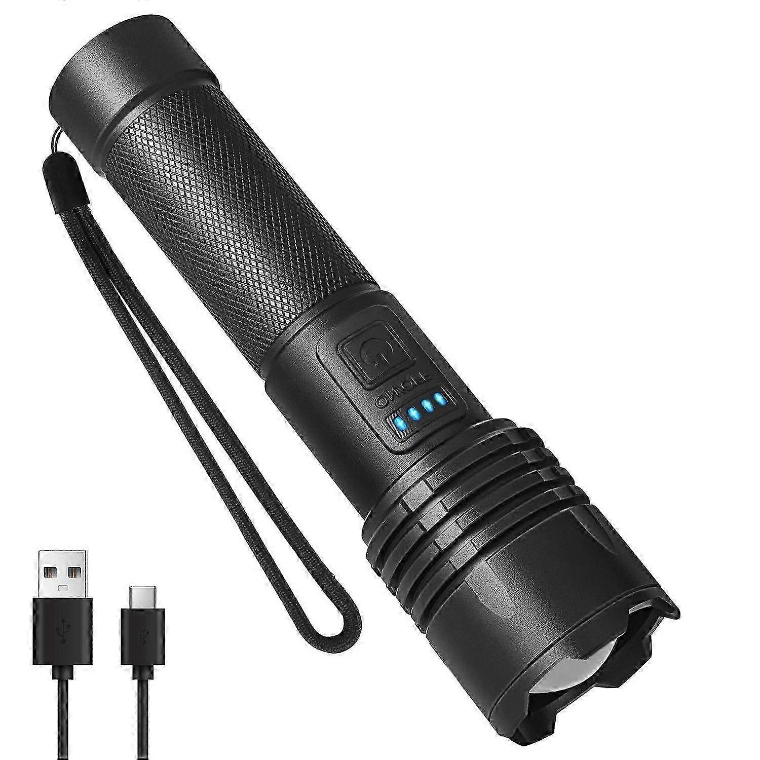 USB Rechargeable Flashlight, 600m Throw, IPX6 Waterproof, 3 Modes, Adjustable