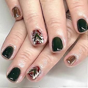 Christmas Press On Nails Short Square Green Glitter Tree Design Easy Apply Holiday Fake Nails Set 24pcs