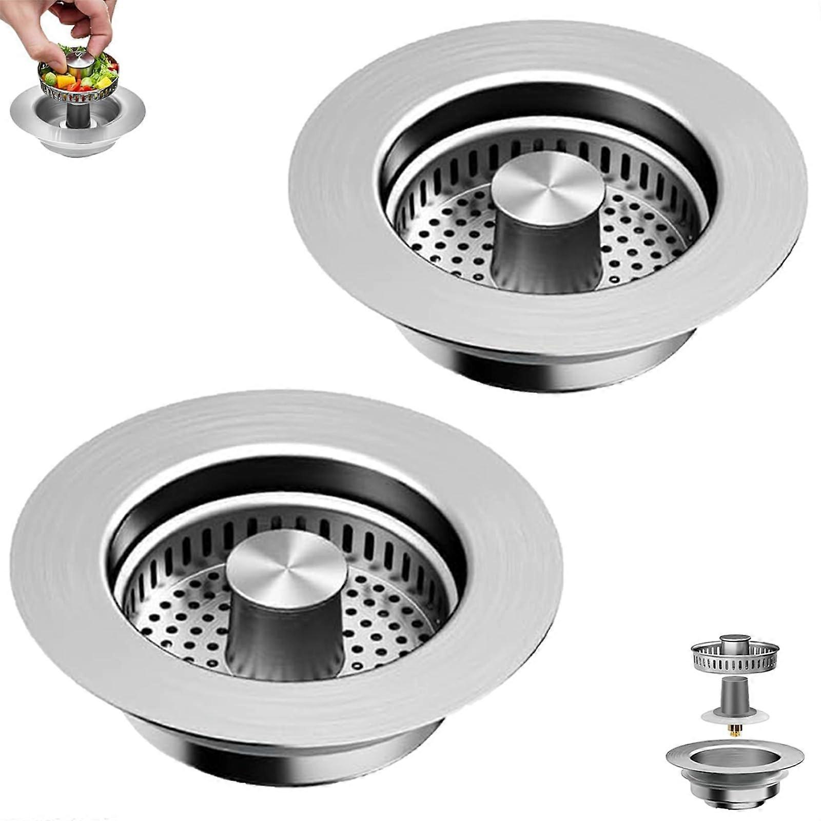 3 in 1 304 Stainless Steel Kitchen Sink Strainer, AntiClog Triple Function Drain Filter, 2pcs