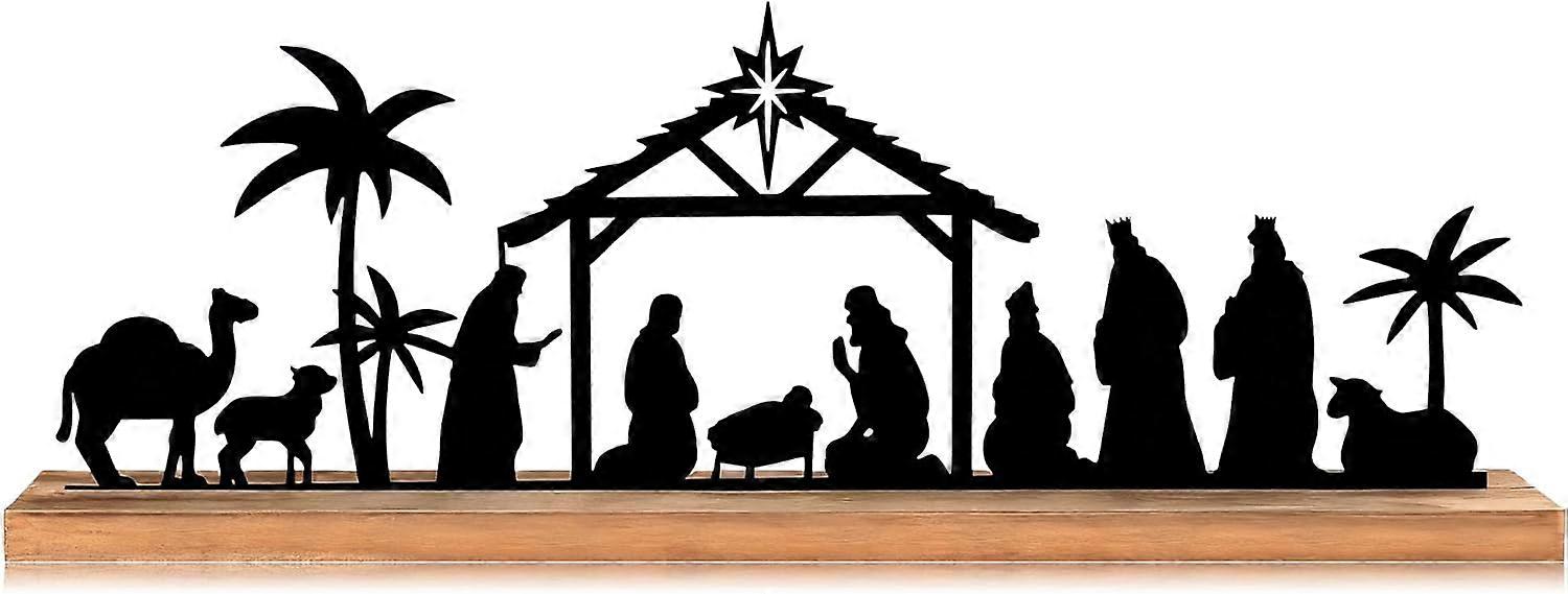 Black Metal Easter Nativity Scene – Wooden Base Ornament for Home Mantel, Office & Shelf Display