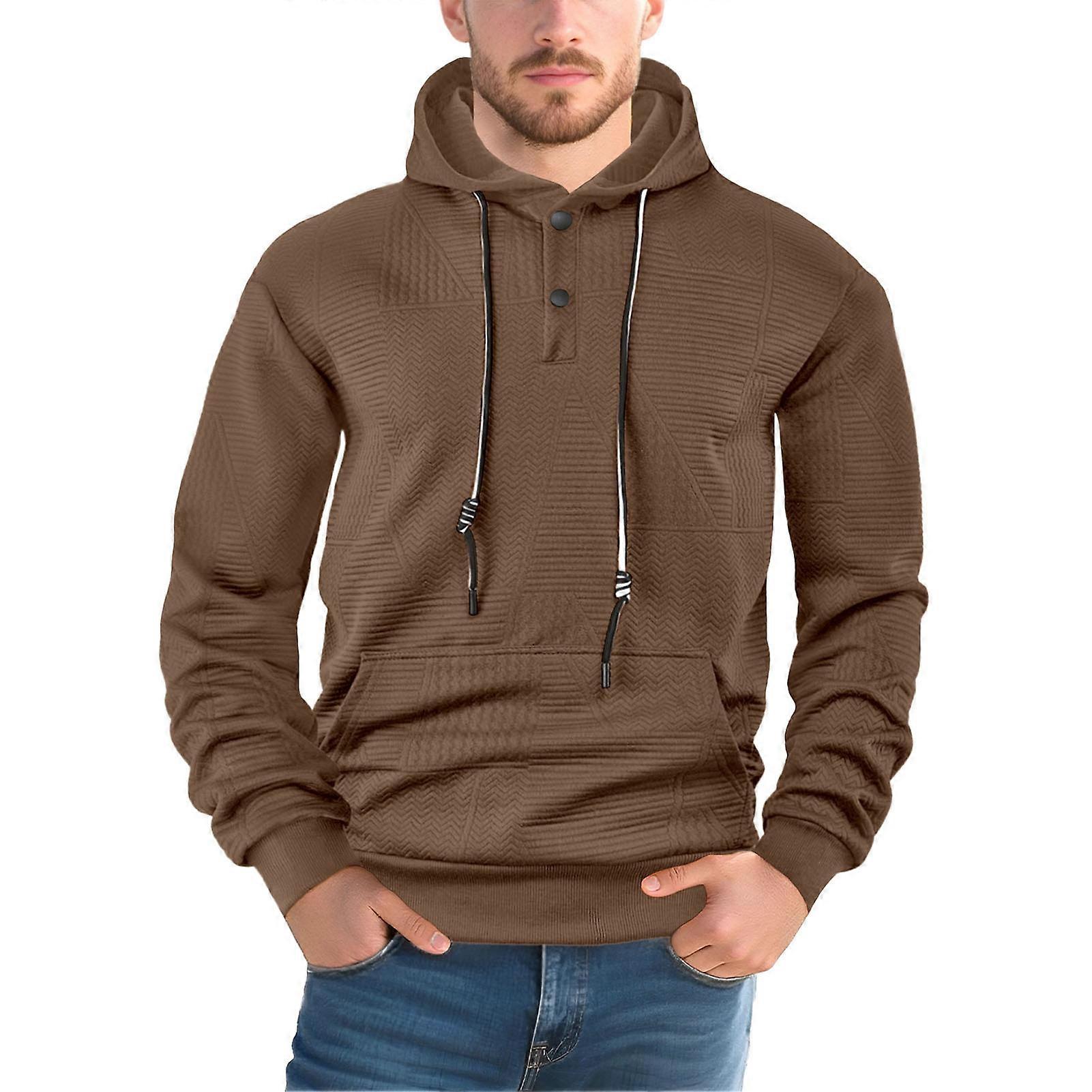 Men Hoodie Jacquard Texture Hooded Drawstring Long Sleeve Pullover Tops with Front Pocket Solid