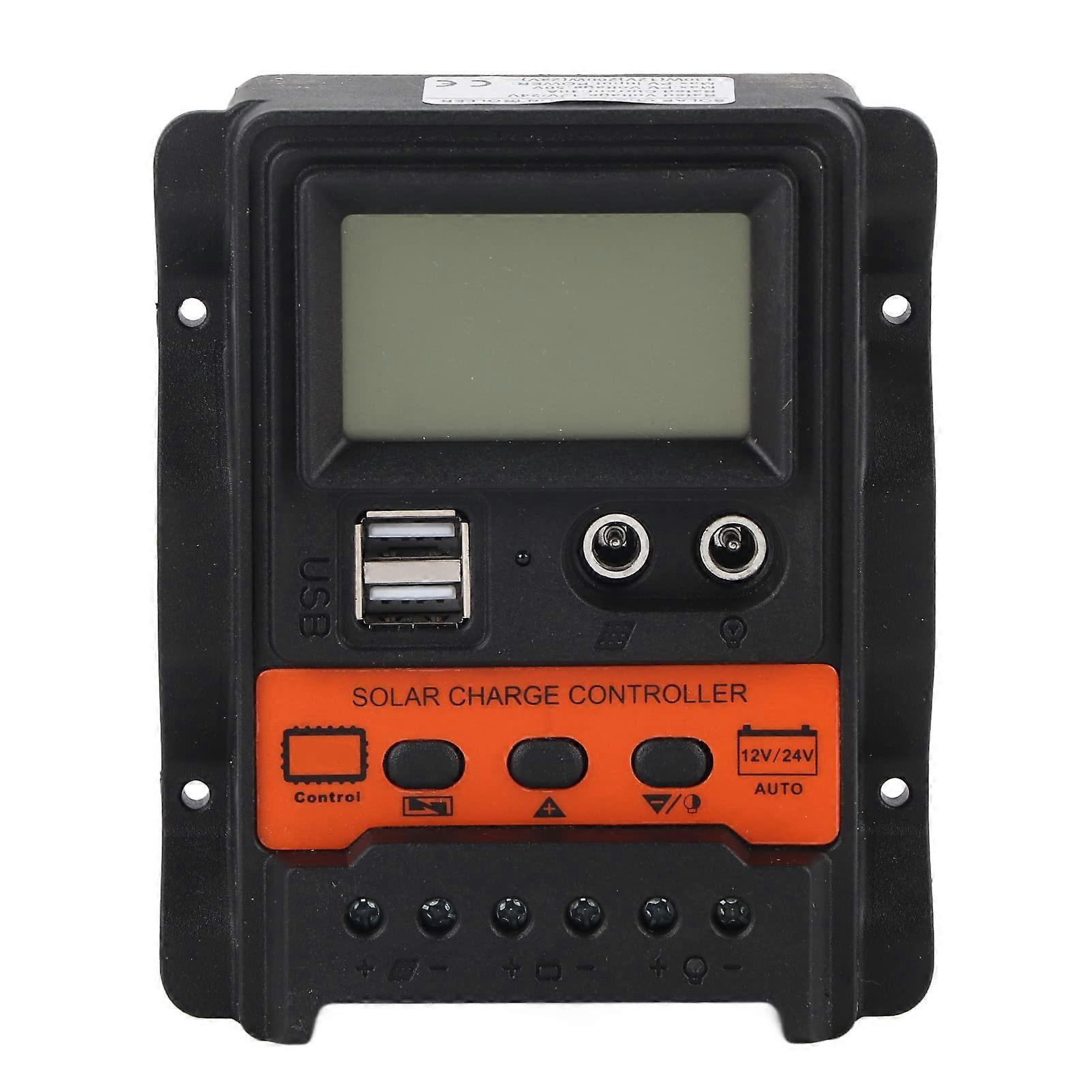 Solar Charge Controller 10A PWM with LCD Display and Dual USB, 12V/24V Auto Battery Regulator