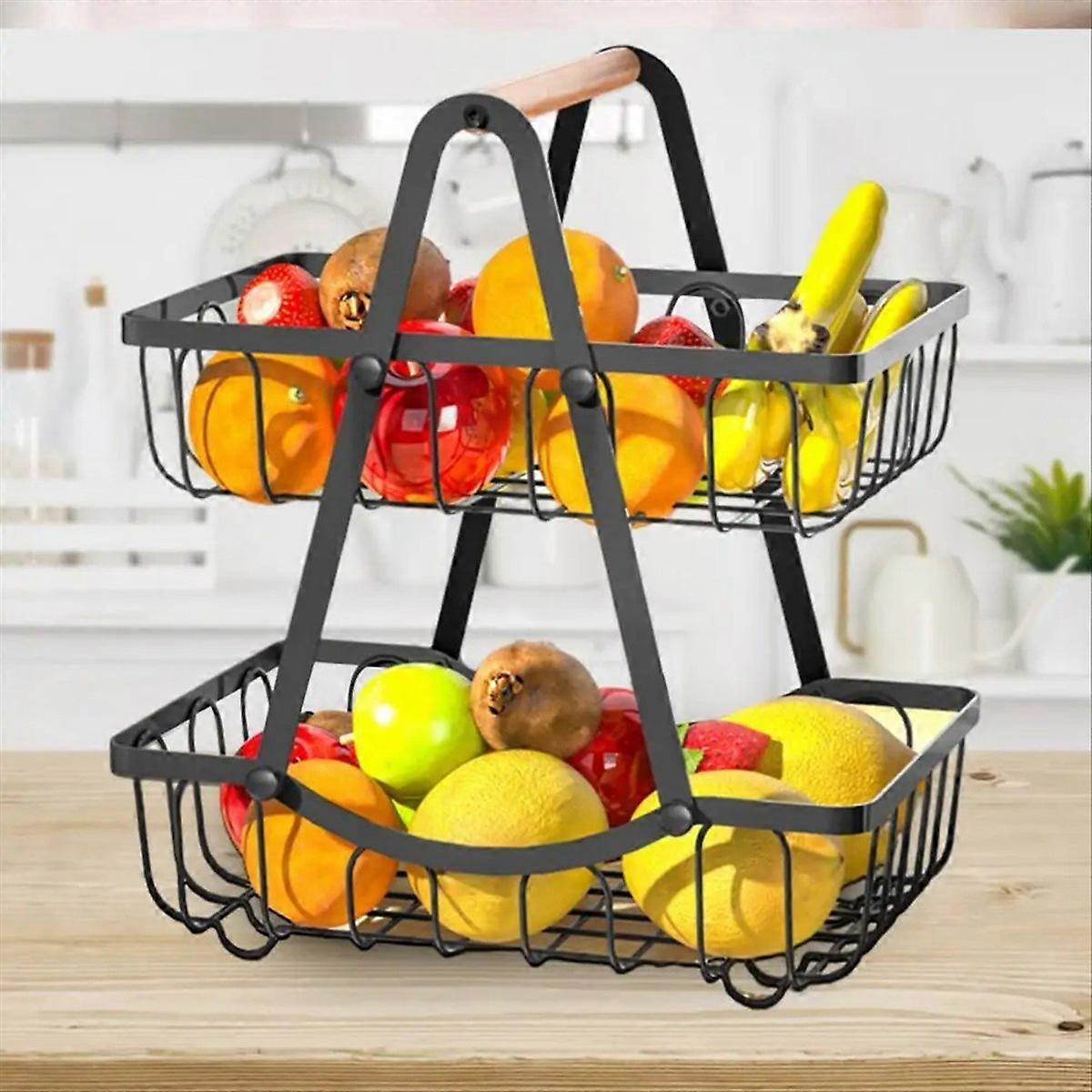 Double Layer Fruit Basket with Wooden Handle Storage Rack