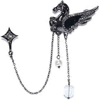 Broche de Corrente de Suspensão de Cristal com Strass de Cavalo Voador Pegasus para Mulheres Prata Escura - -