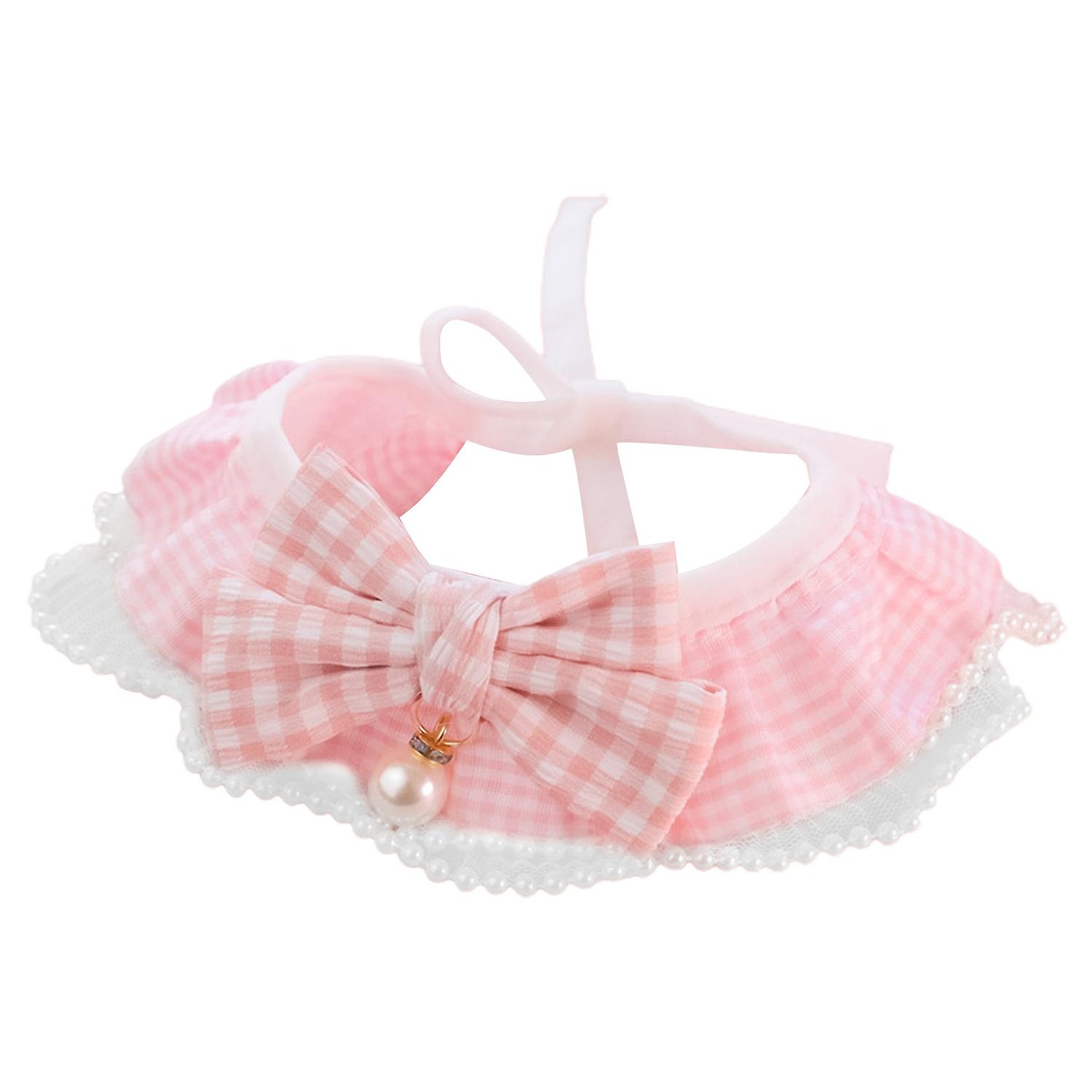 Pet Collar Plaid Pattern Bright Color Faux Pearl Design Washable Lace Trim Polyester Puppy Kitten Bo