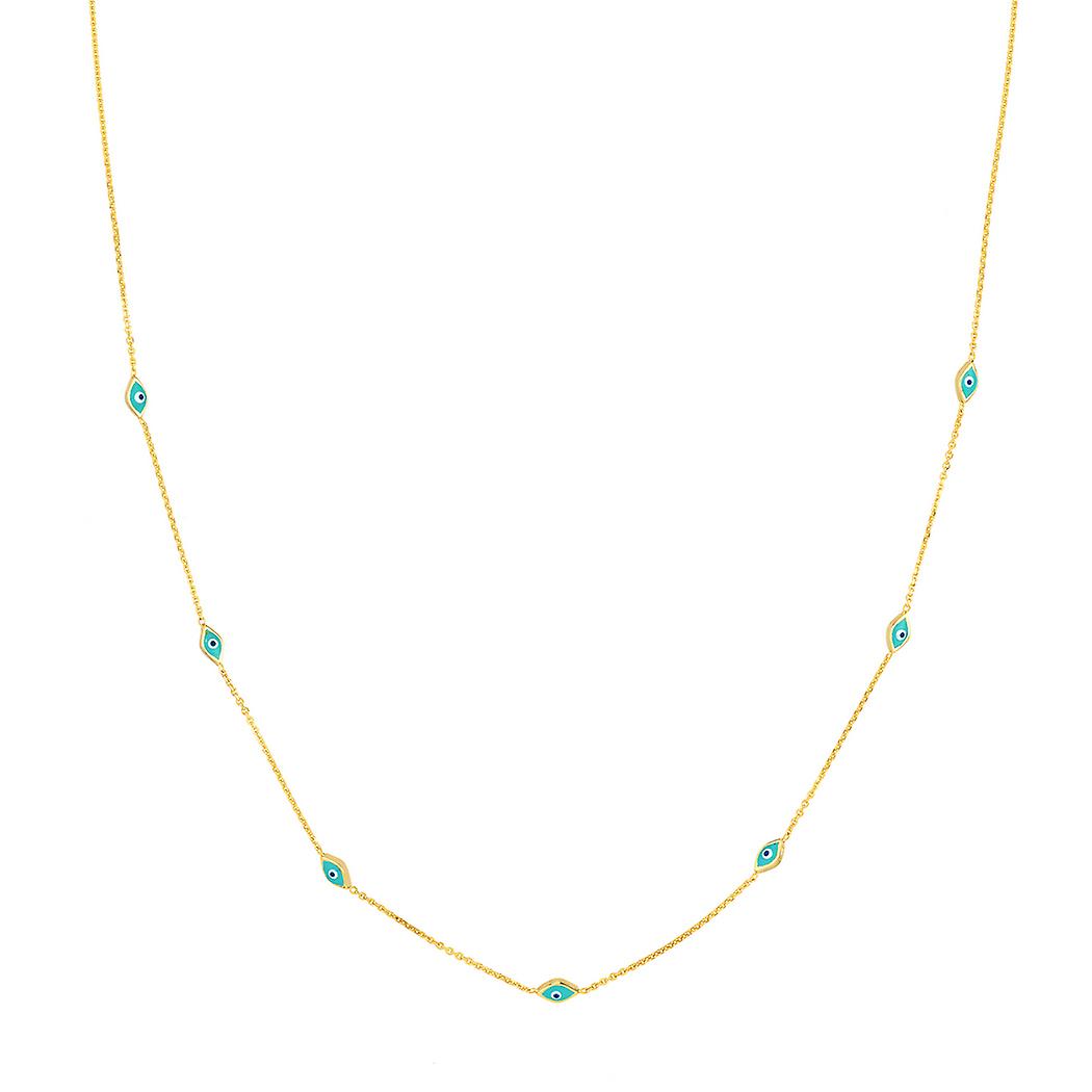 Colar ajustável com pingente de sete olhos gregos em ouro amarelo 14k e esmalte azul, 45 cm (18 polegadas), para mulheres.
