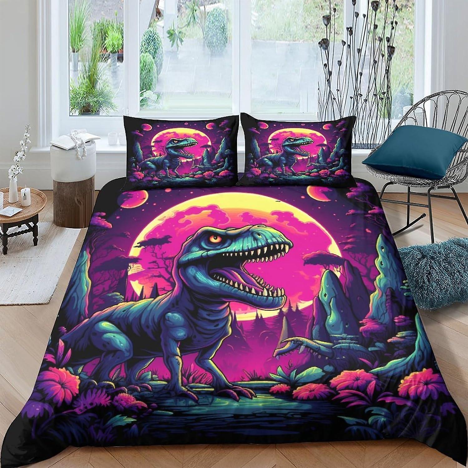 VCLUST Dinosaur World Påslakan 3D Design Mjuk Bekväm Andningsbar Reptil Täcke Täcke Täcke Täcke Flickor Pojkar Sängkläder Med Kudde 3 Stycken Så