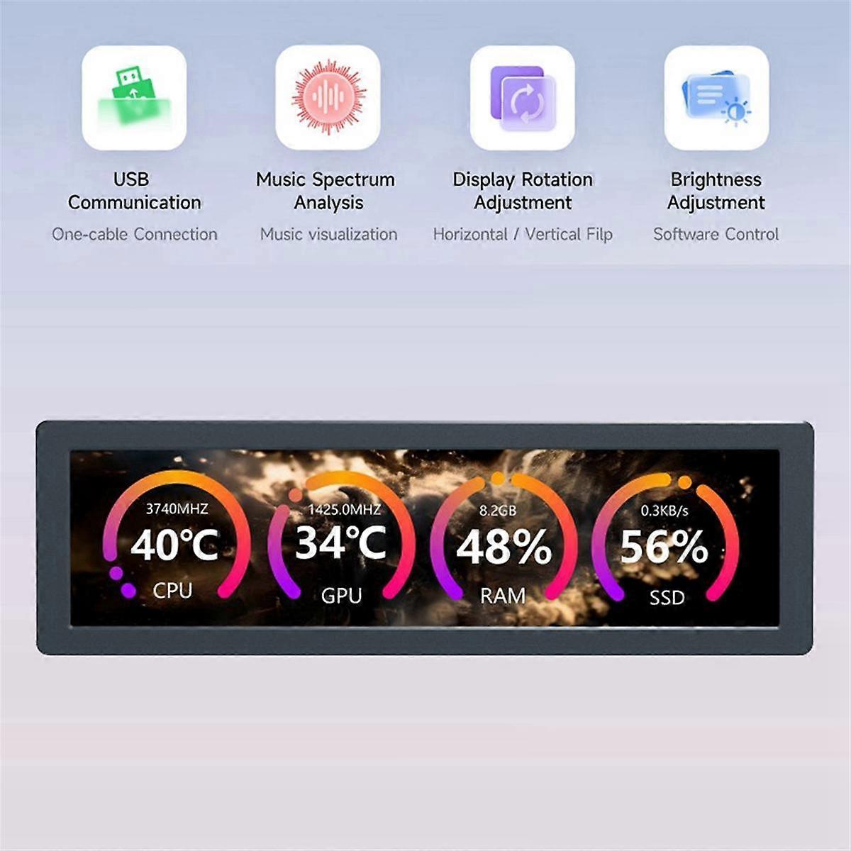 8.8 Inch USB Monitor 1920x480 PC Case Secondary Screen Desktop RGB ...