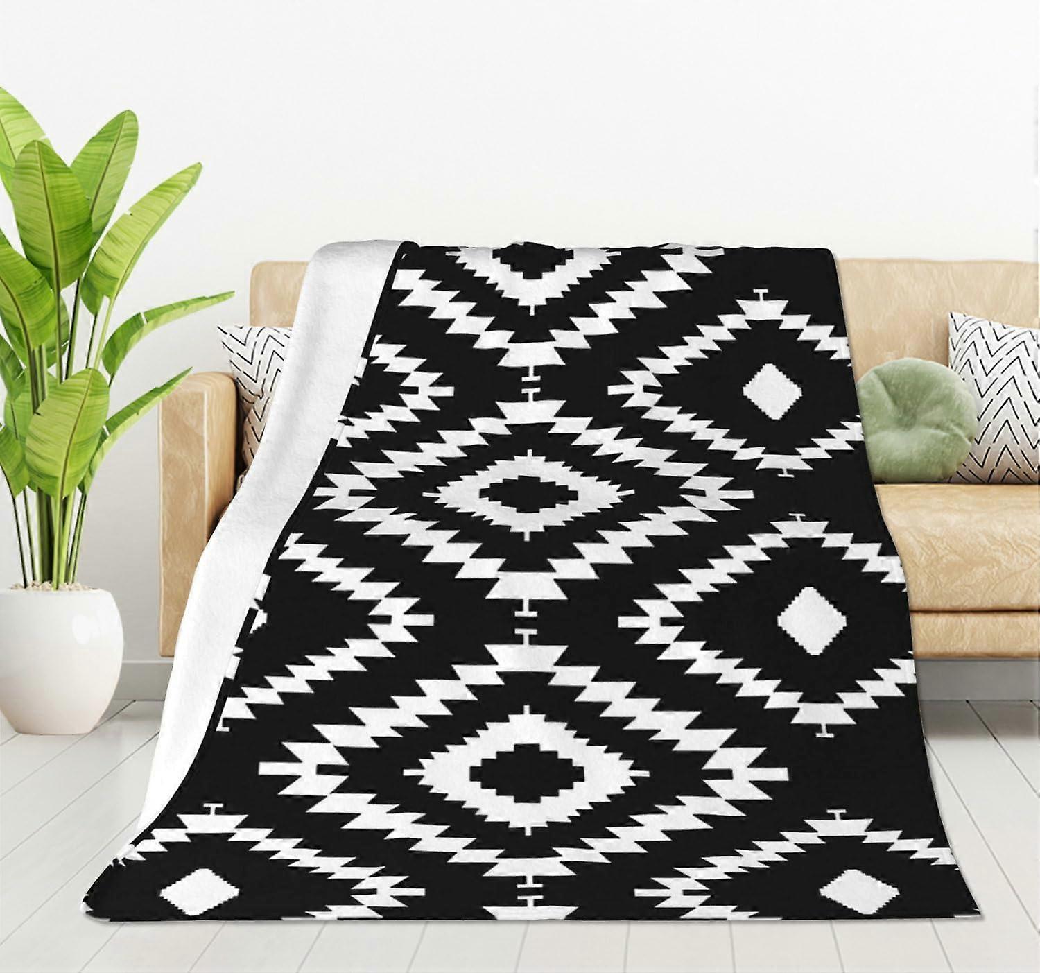 Black White Repeating Geometric Tiles with Dotted Rhombus Flannel Fleece Bed Blanket Throw Blanket Lightweight Cozy Plush Blanket for Bedroom Living R