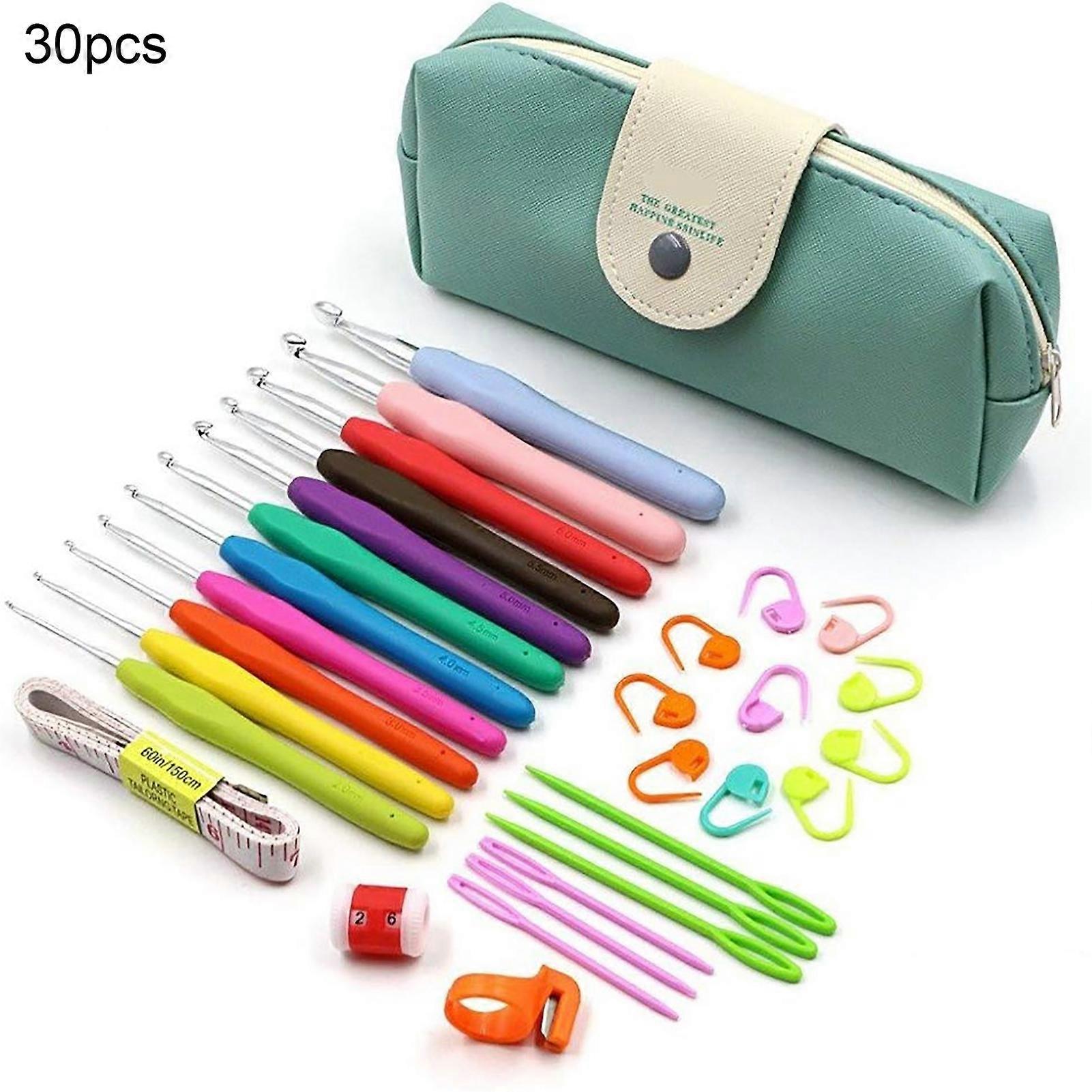30Pcs/Set Crochet Hooks Set Portable Labor-saving Ergonomic TPR Soft Anti-slip Handle Full Size Knitting Needles for Sweater