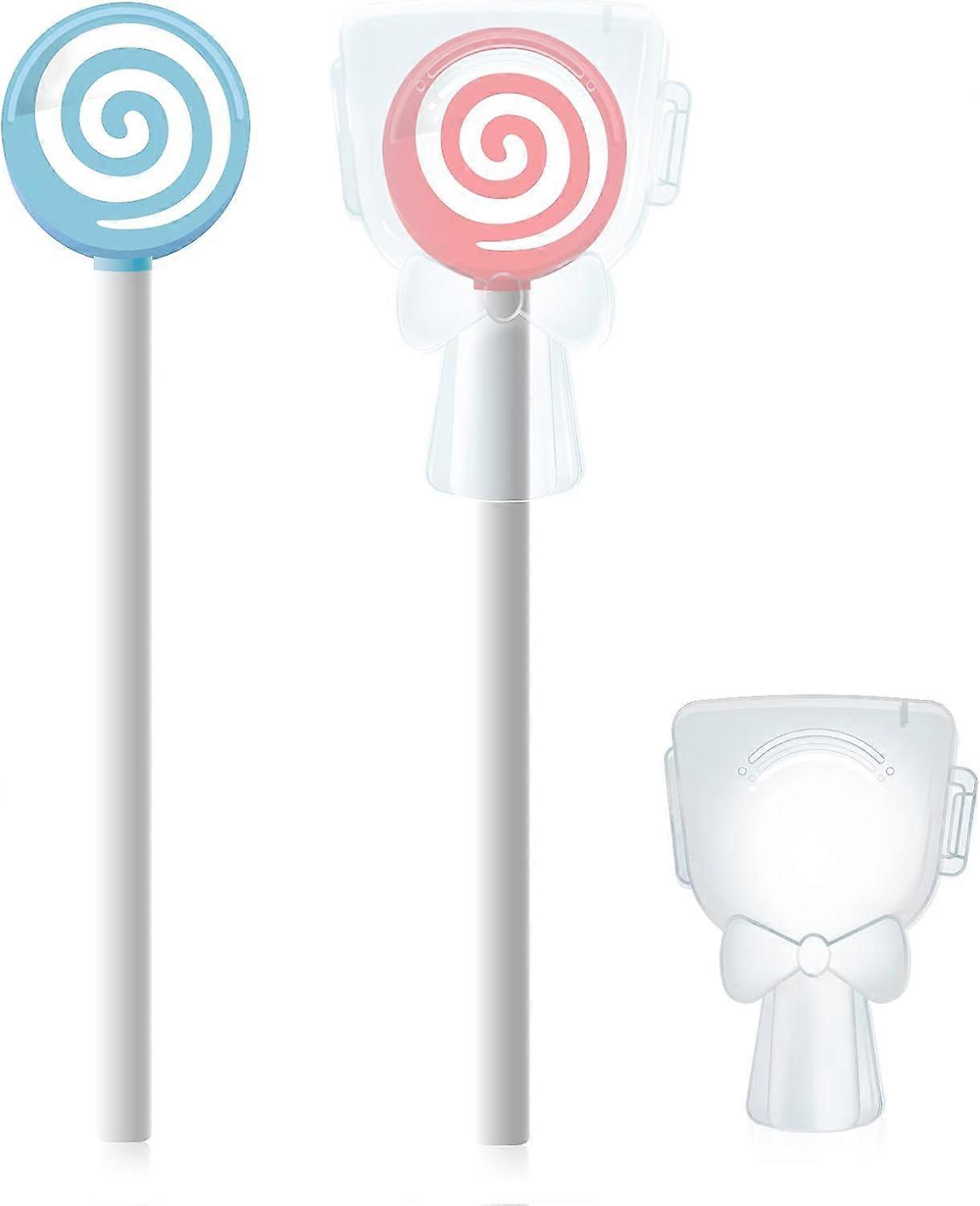 Set of 2 tongue scraper brushes in the shape of lollipops for children, pink/sky blue