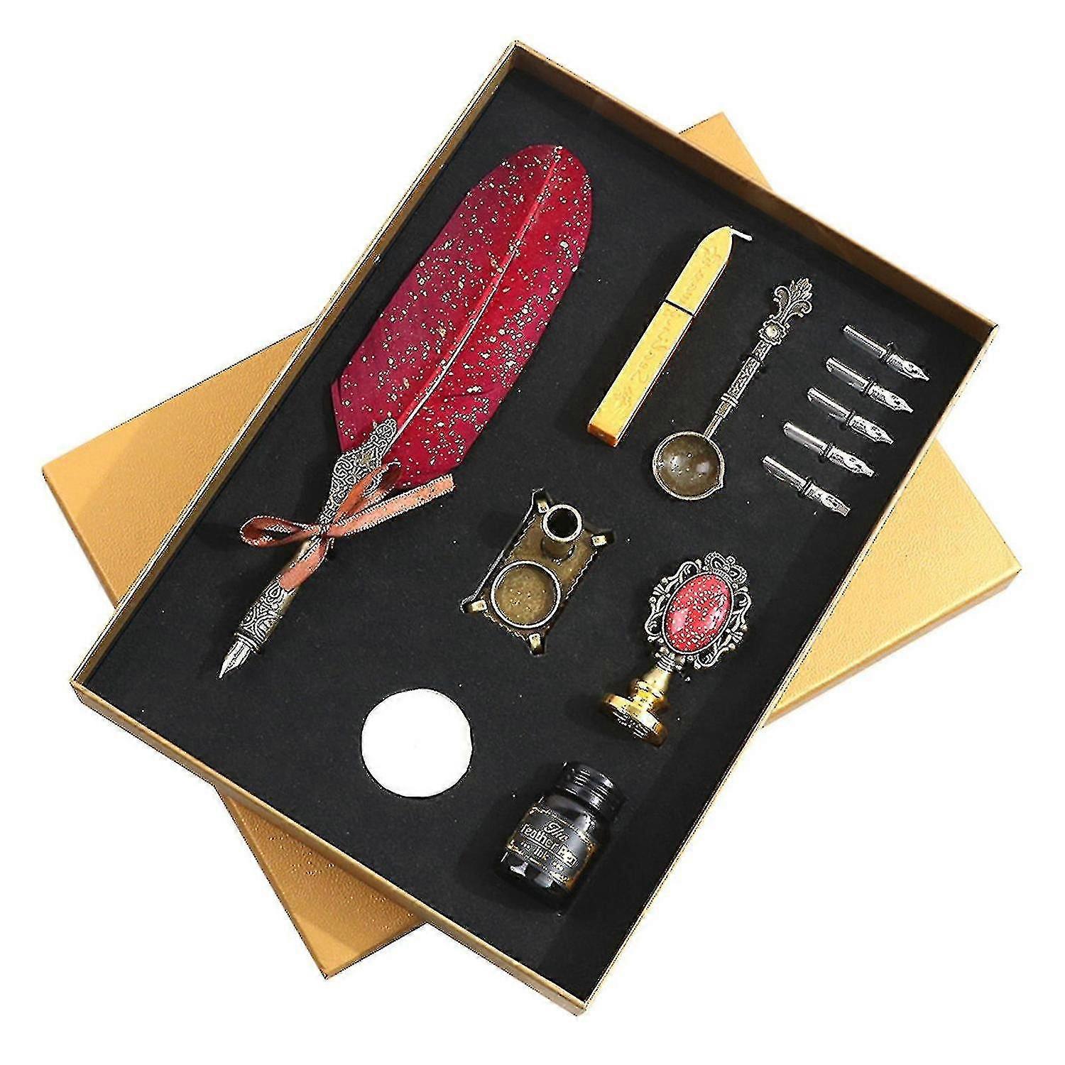 1 Set Quill Pen Set Nice-looking Meaningful Stainless Steel Smooth Writing Feather Pen Ink Kit Stati