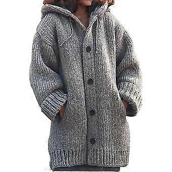 Women Hooded Knitted Sweater Autumn Winter Mid-length Solid Color Button Down Sweater Wool Coat Jackets Outwear Tops