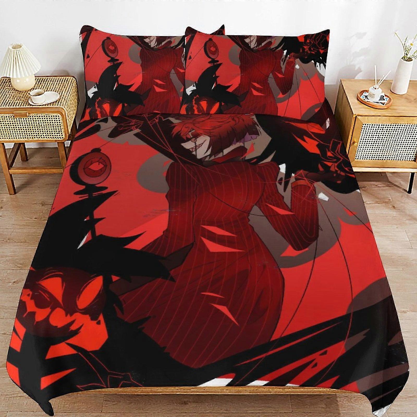 v4531 Lençóis Roupa de cama Hazbin-Hotel 3 PCS Conjunto de conforto com 2 fronhas,Conjunto de lençóis Hazbin-Hotel Conjunto de lençóis para crianças e adultos,Leve para todas as estações