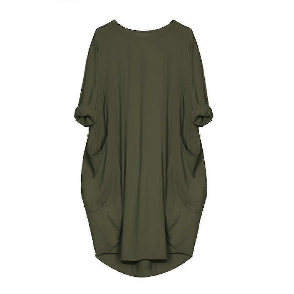 Kadın Artı Boyutu Uzun Eeve Cepli Gevşek Midi Elbise