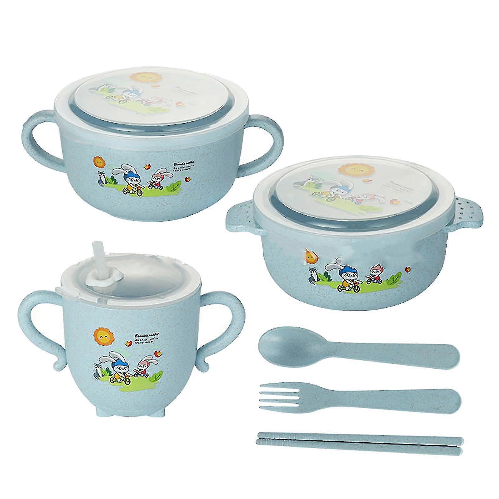 Cartoon Wheat Straw Dinnerware Set 6pcs Blue - Heat Resistant, Anti-Fall, Safe Material