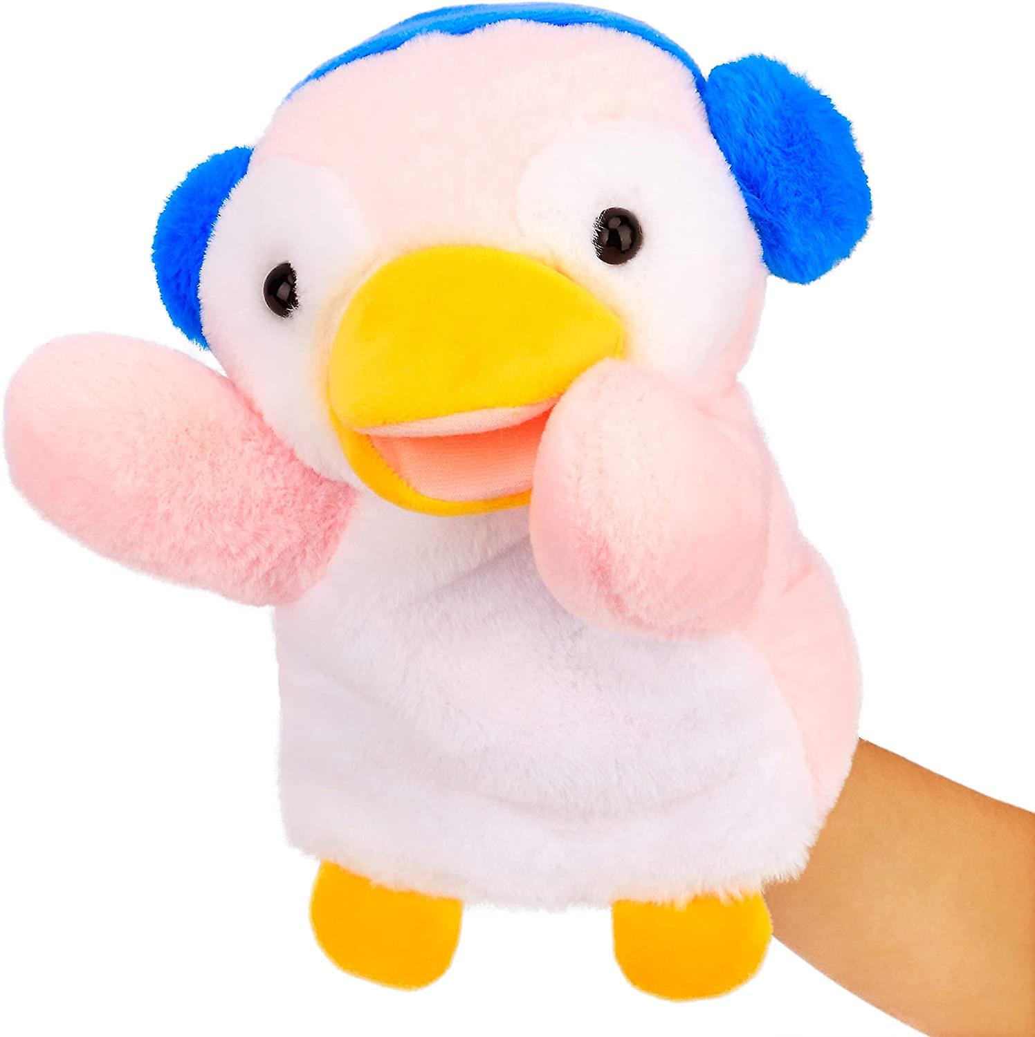 Penguin Hand Puppet Stuffed Brown Open Movable Mouth Arms for Creative Role Play Pink 9.5inch