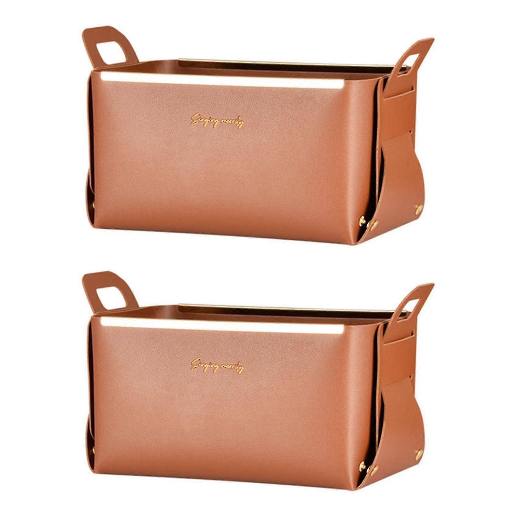 Foldable Leather Storage Bin with Handles - Brown (2 Pack)