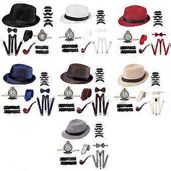 1920 Mens Gatsby Costume Accessory Set with Panama Gangster Hat