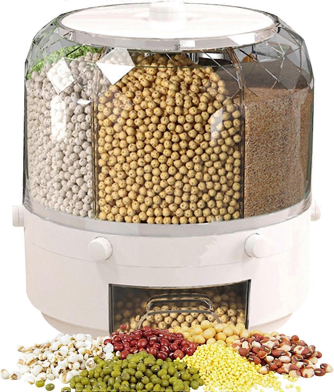 Rice Bucket Dispenser, 6-Grid Cereal Rotating Bucket, 360-Degree ...