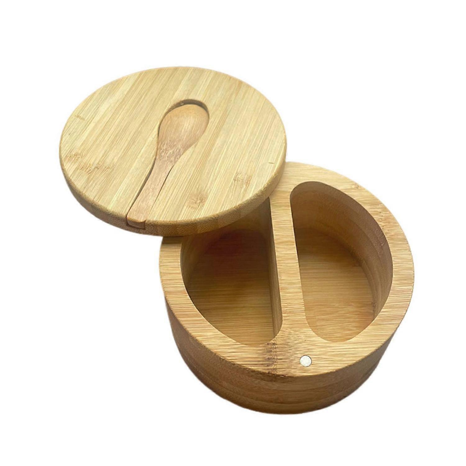Bamboo Seasoning Storage Box with Magnetic Swivel Lid Wooden Salt Cellar Pepper Sugar Spice Holder