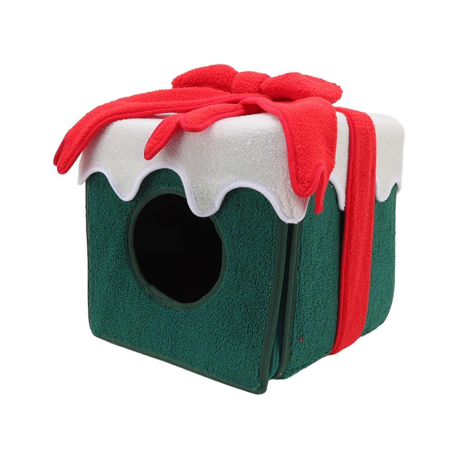 Christmas Cat Bed Christmas Box Style Soft Comfortable Lint Vivid Colors Christmas Cat Tent for Cat Pet Green