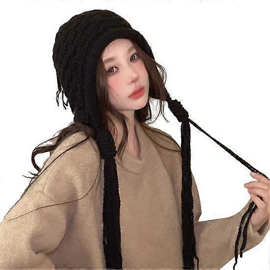 Women Winter Hat Long Tassel Thickened Knitted Elastic Anti-slip Soft Ear Protection Solid Color Breathable Windproof Decorative Cap Beanie