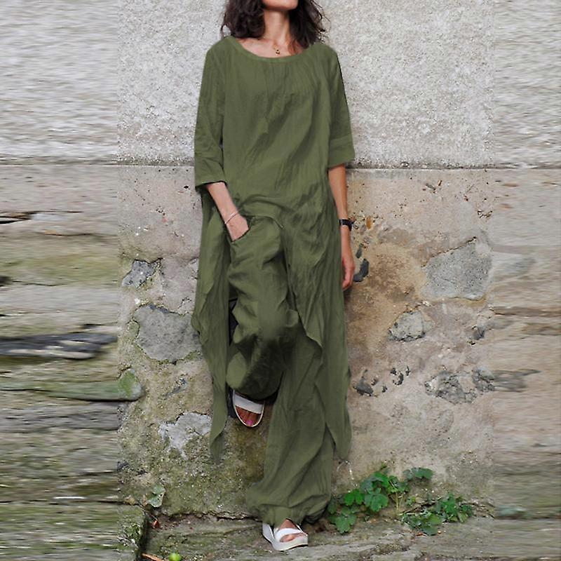Women's Fashion Spring Summer Cotton Solid Color Set Asymmetric Short Sleeve Top Pants Set