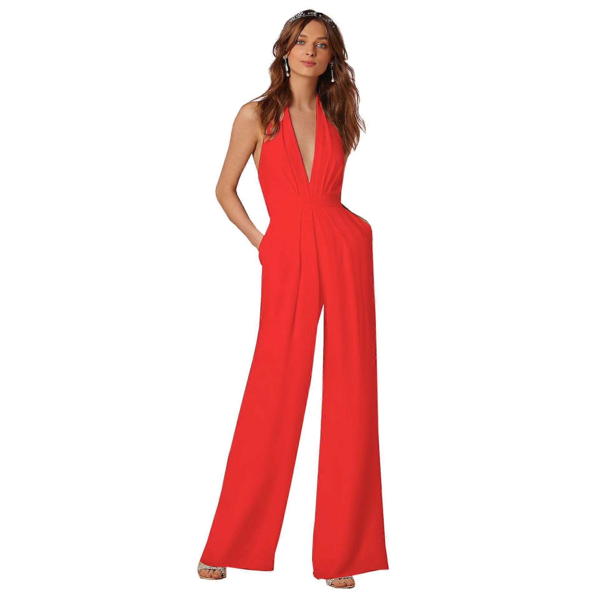 Leisure Female Solid Color Sexy Backless Halter Neck Jumpsuits Sleeveless Rompers
