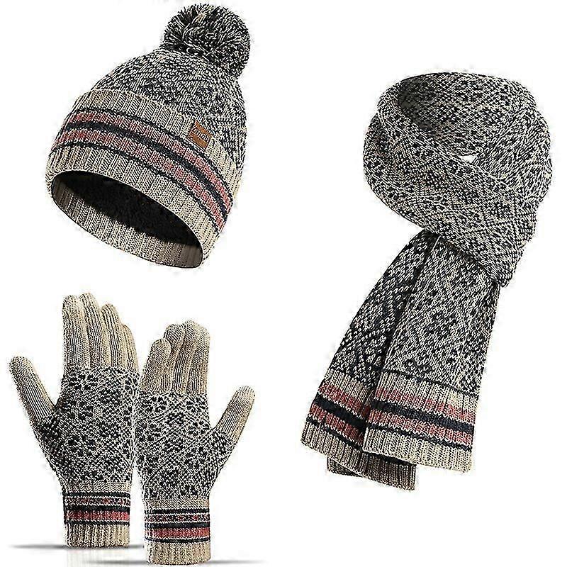 Winter Hat Scarf and Touch Screen Gloves (Beige)
