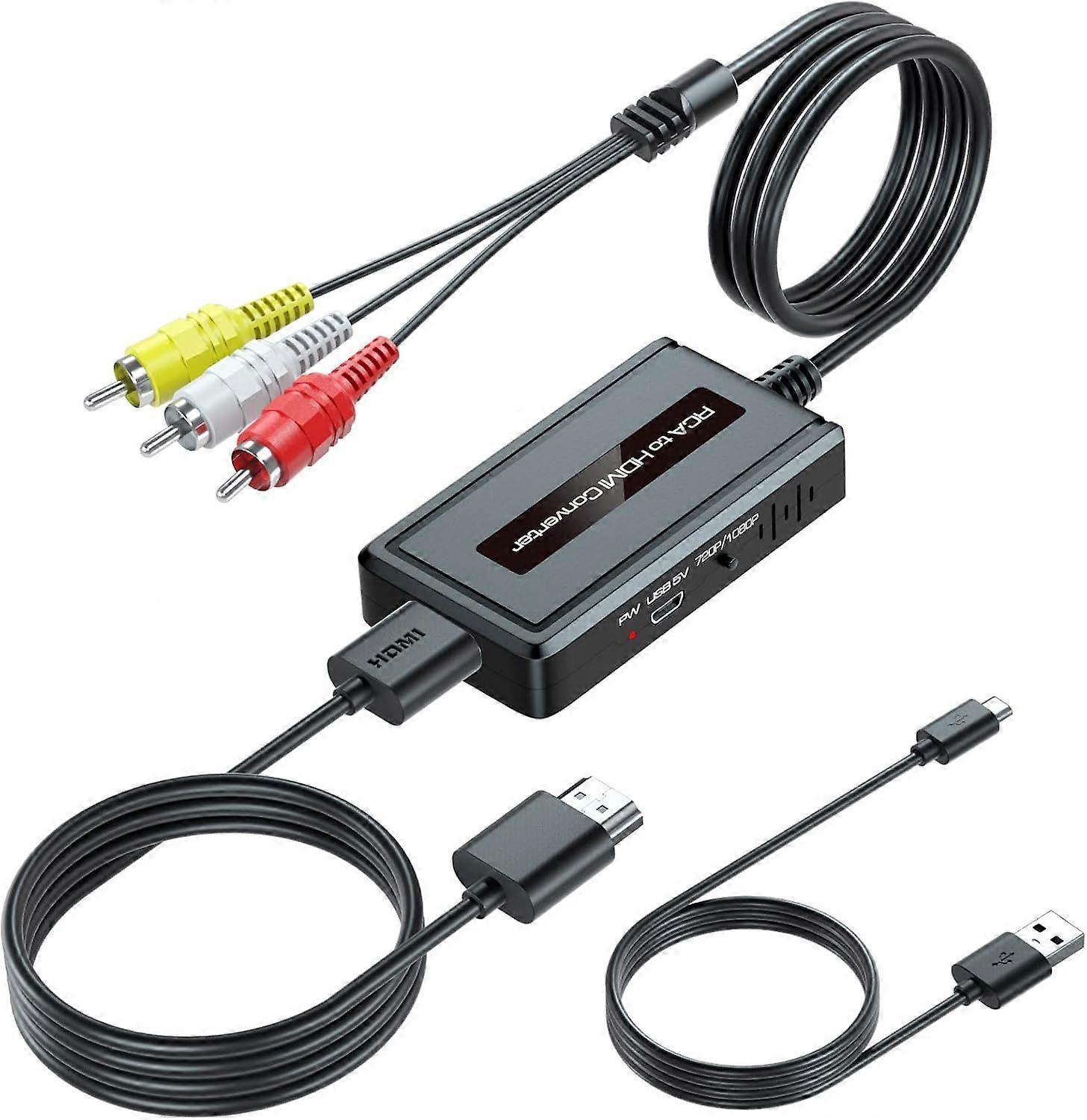 RCA Male to HDMI Converter with HDMI Cable (Built-in RCA Cable) , Composite CVBS AV to HDMI Adapter with HDMI Output Switch 720P/1080P