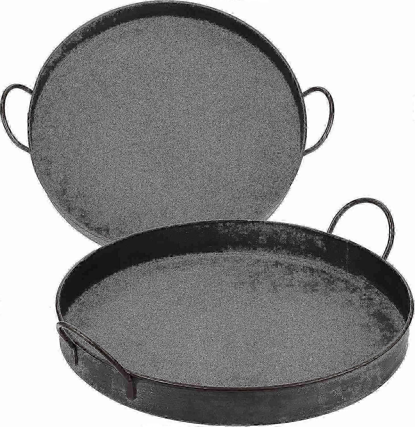Set of 2 Round Decorative Serving Tray Metal Iron Tray with Handles,Industrial Farmhouse Style Servi