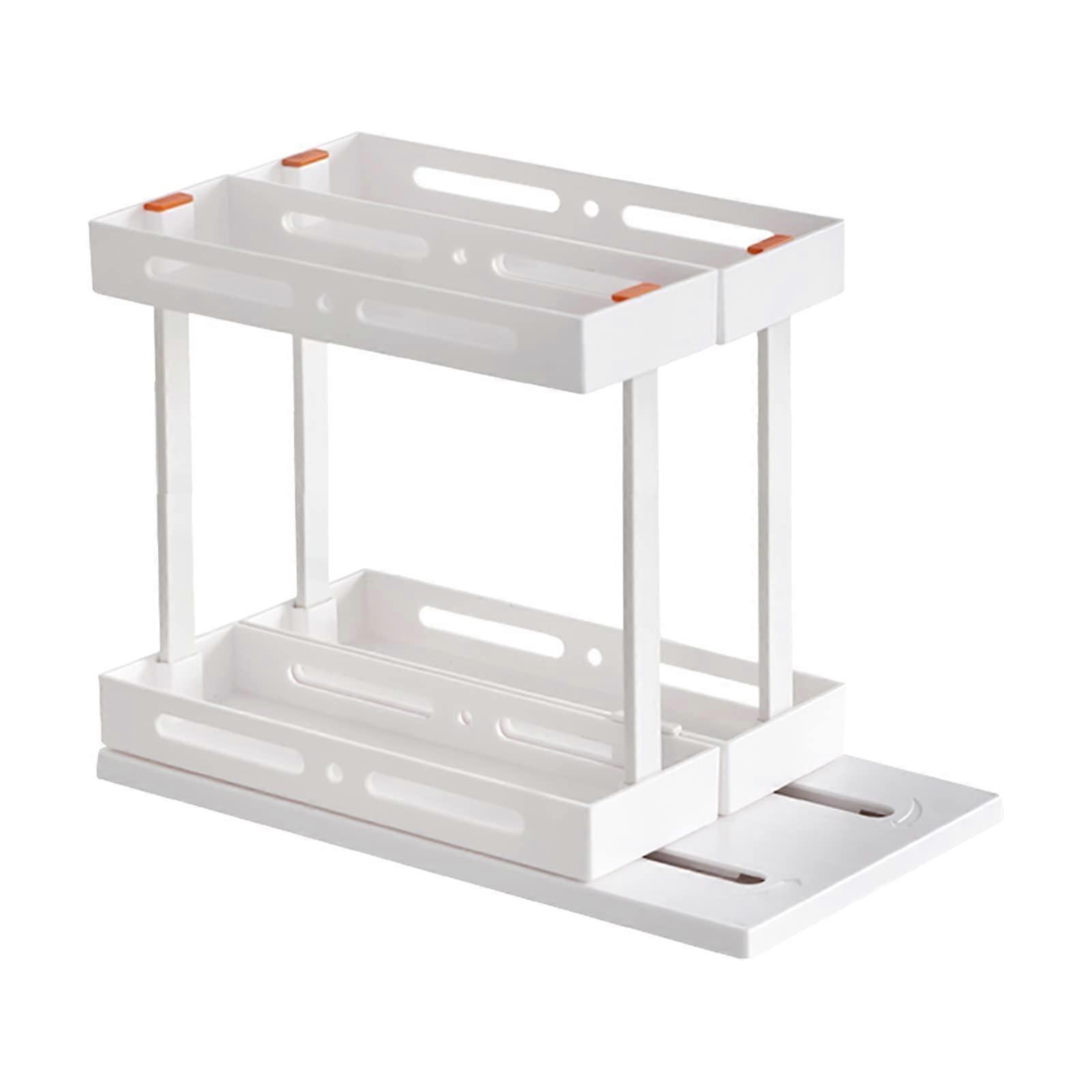 Rotating Spice Rack Organizer, 2-Double-Decker Spice Shelves, Pull-Out Cabinet Organizer, White, Condiment Storage