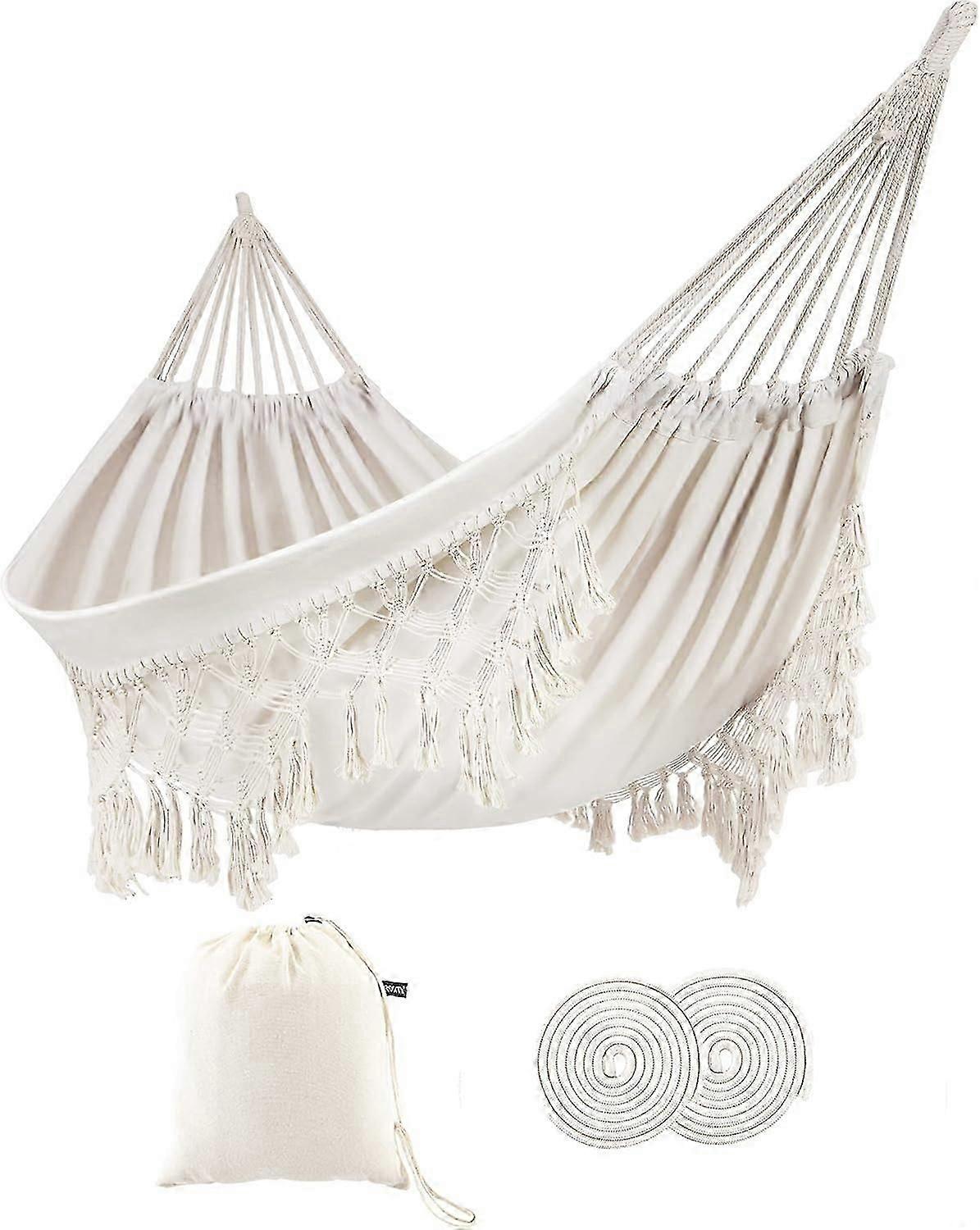 Indoor hammock with macram fringes for 2 people, Boho double hammocks with tassels, swing Portable cotton rope hammock with travel bag for outdoors, p