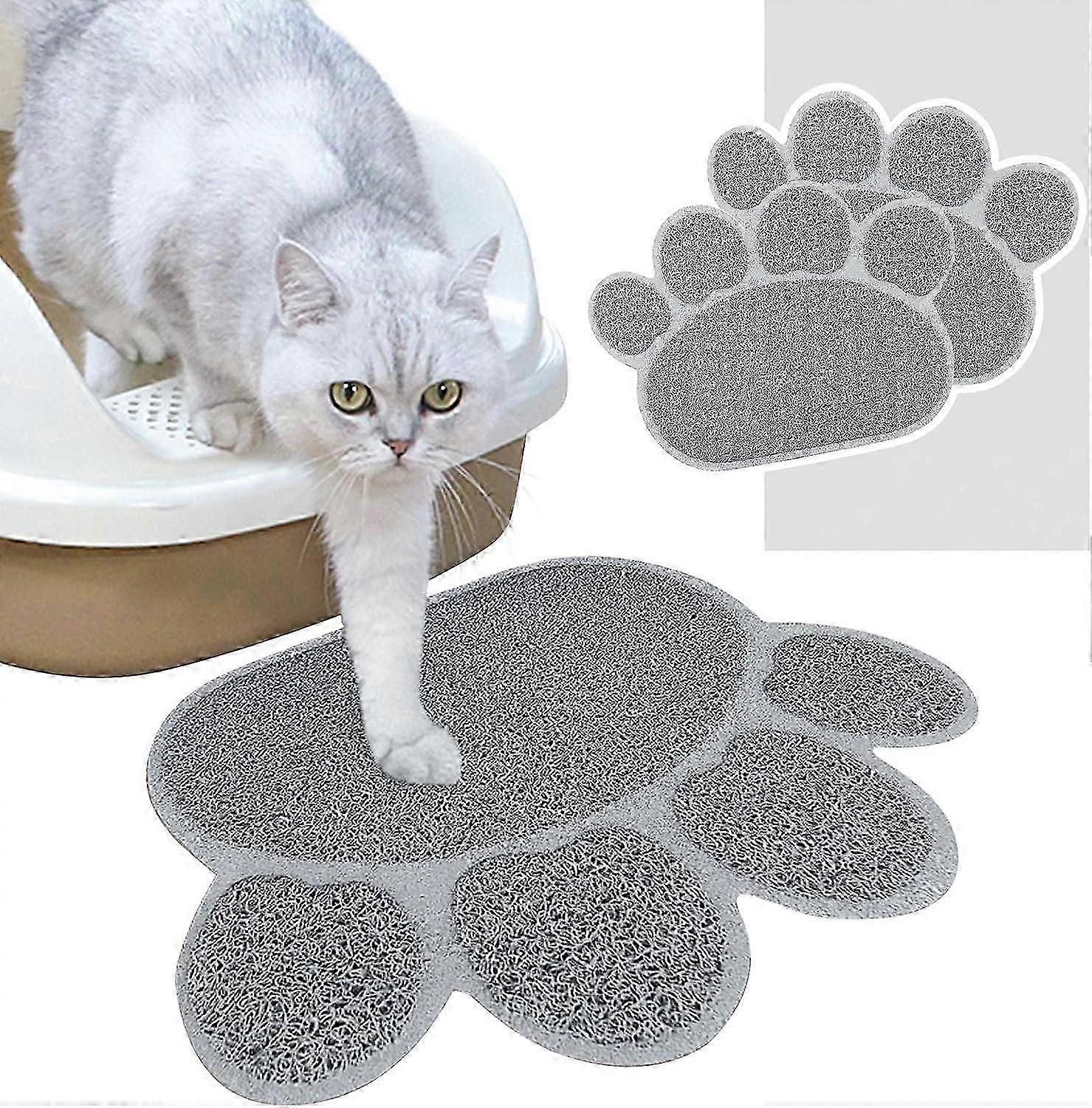 Cat Litter Mat, 2 Pieces High Quality Large Cat Litter Box, PVC Material, Cute Cat Paw Shape, Waterproof and Durable, Easy to Clean, Non-Slip, Gray