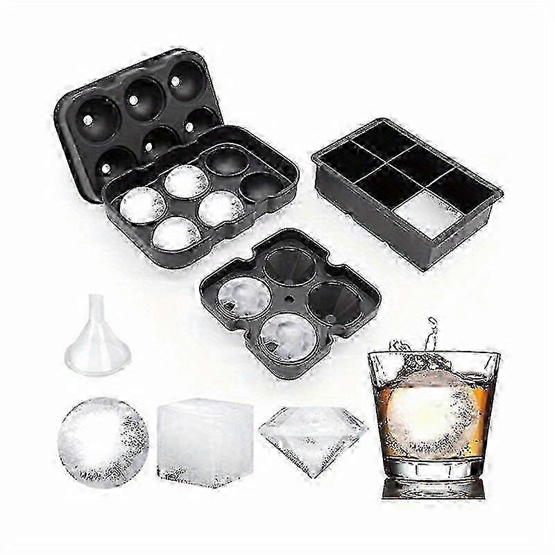3-Piece Silicone Ice Cube Tray Set with Lid - 6 Ball, 4 Diamond, 6 Standard Molds - Reusable Whiskey Ice Maker