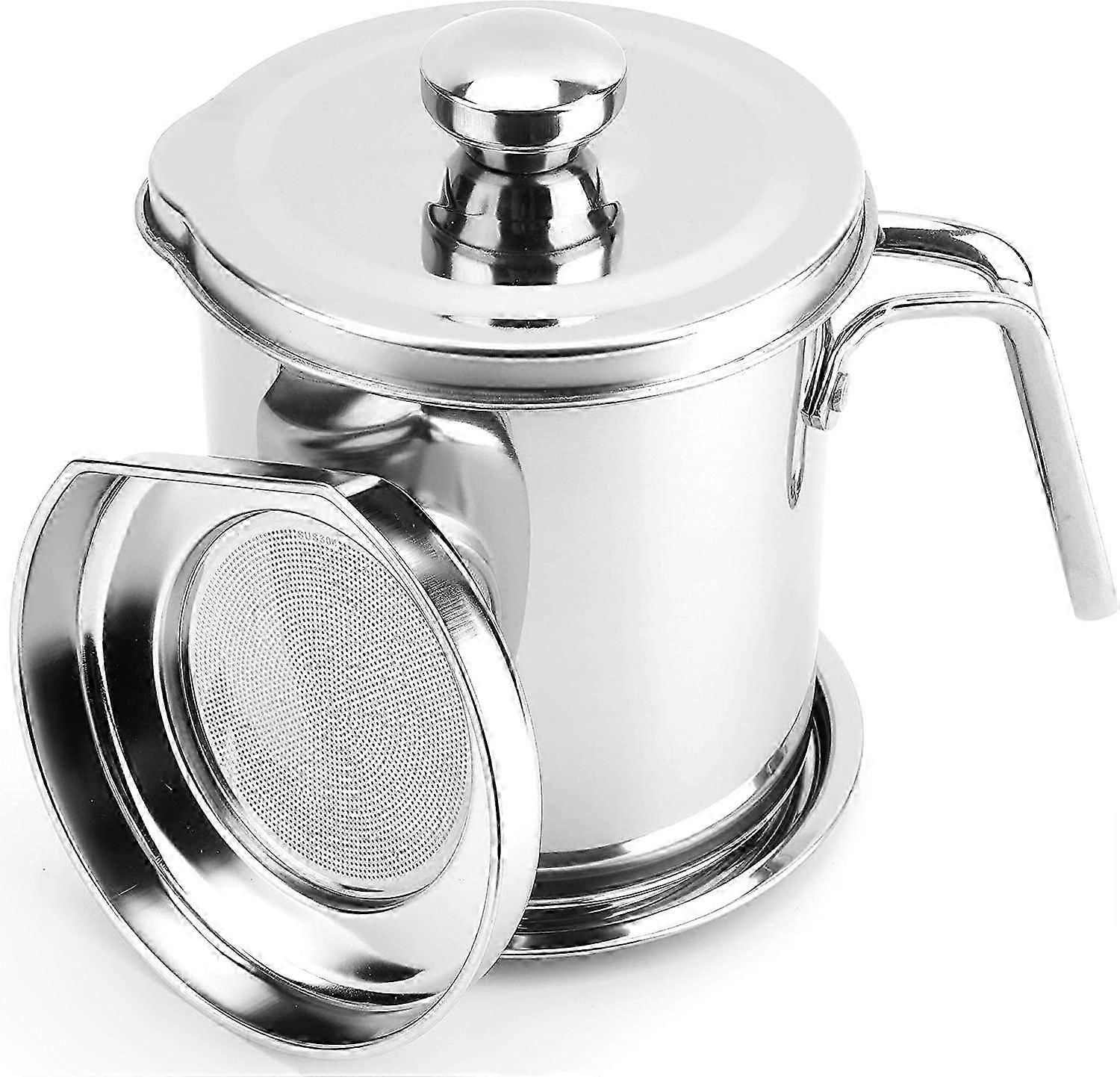2L Stainless Steel Oil Filtering Tank with Dust Cover, Comfortable Grip Handle, and Drain Tray for Easy Handling