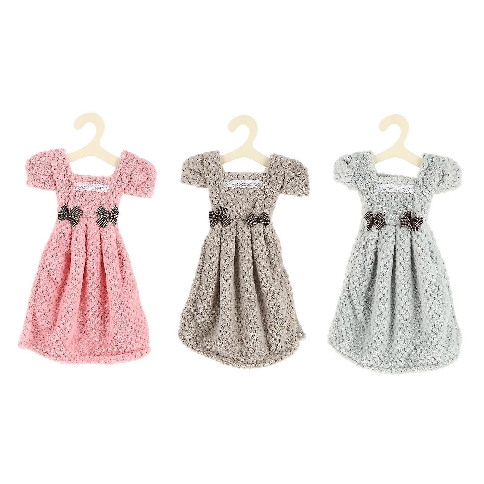 3pcs Dress Shape Hanging Hand Towels, Soft Absorbent Household Towels for Kitchen or Bathroom Use, Random Color in Pink, Green, White