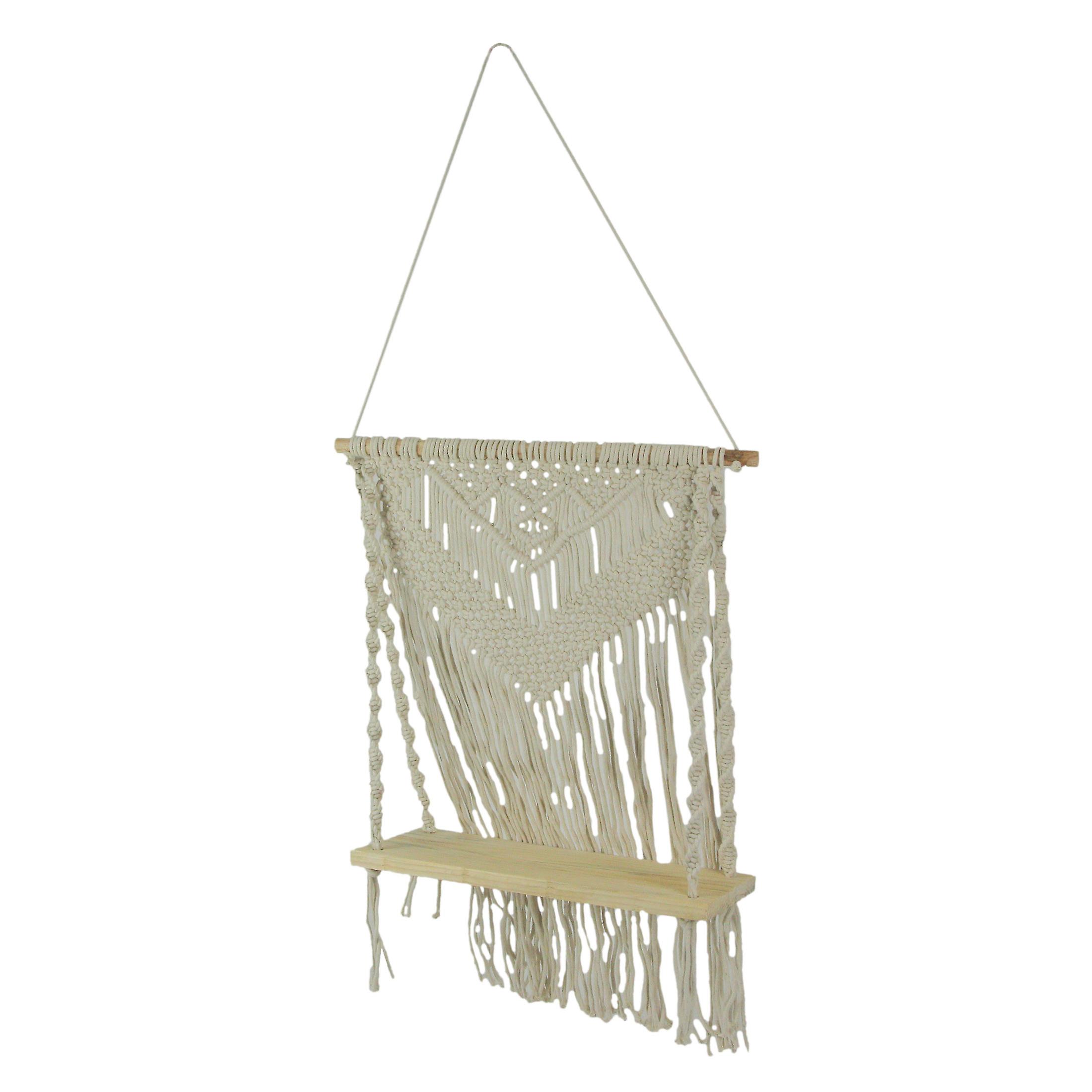 Boho Style Hand Tied Macrame Wall Hanging With Wooden Shelf