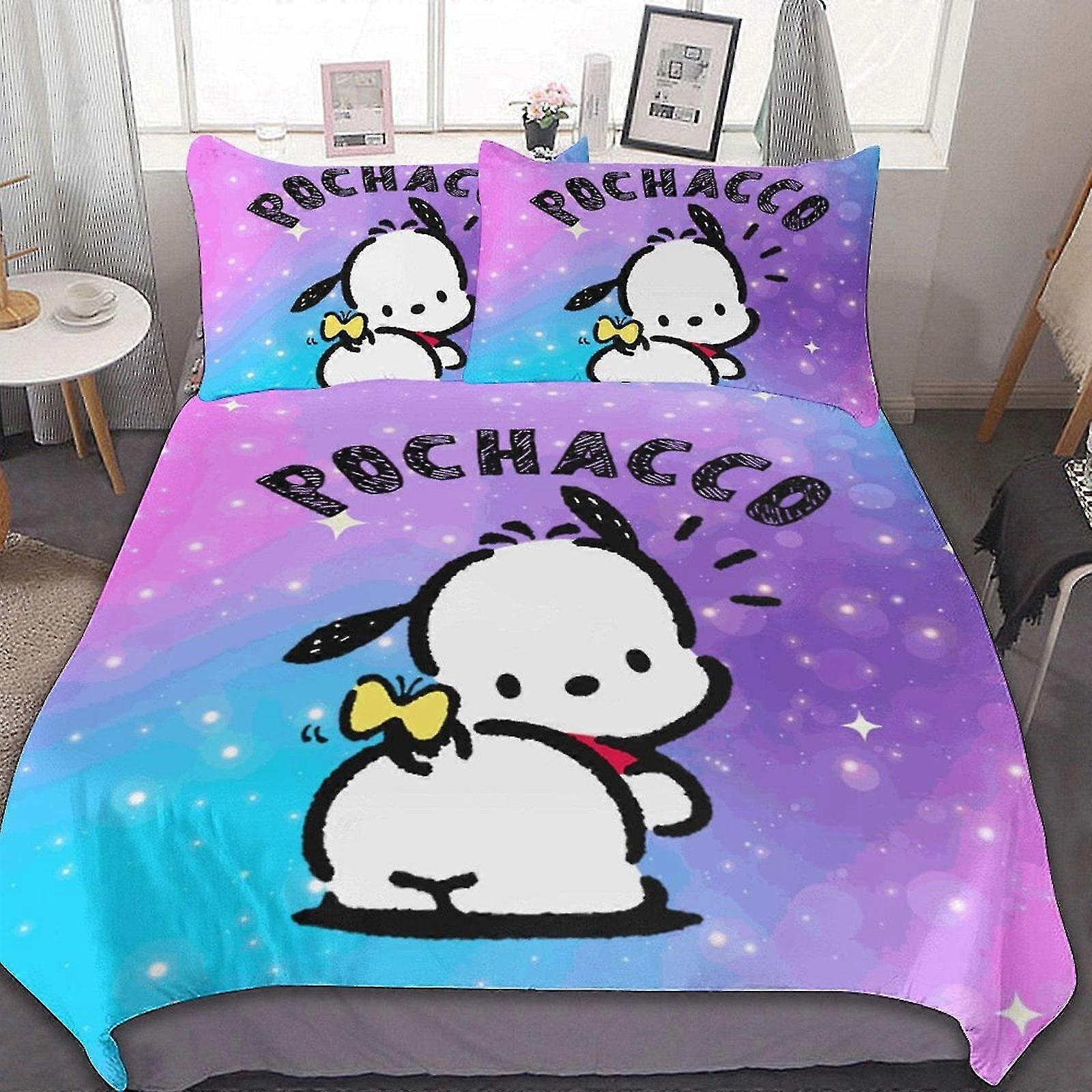 Conjuntos de cama de microfibra com design Pochacco, conjuntos de edredom leves de 3 peças impressos em 3D, 1 capa de edredom e 2 fronhas para crianças meninos