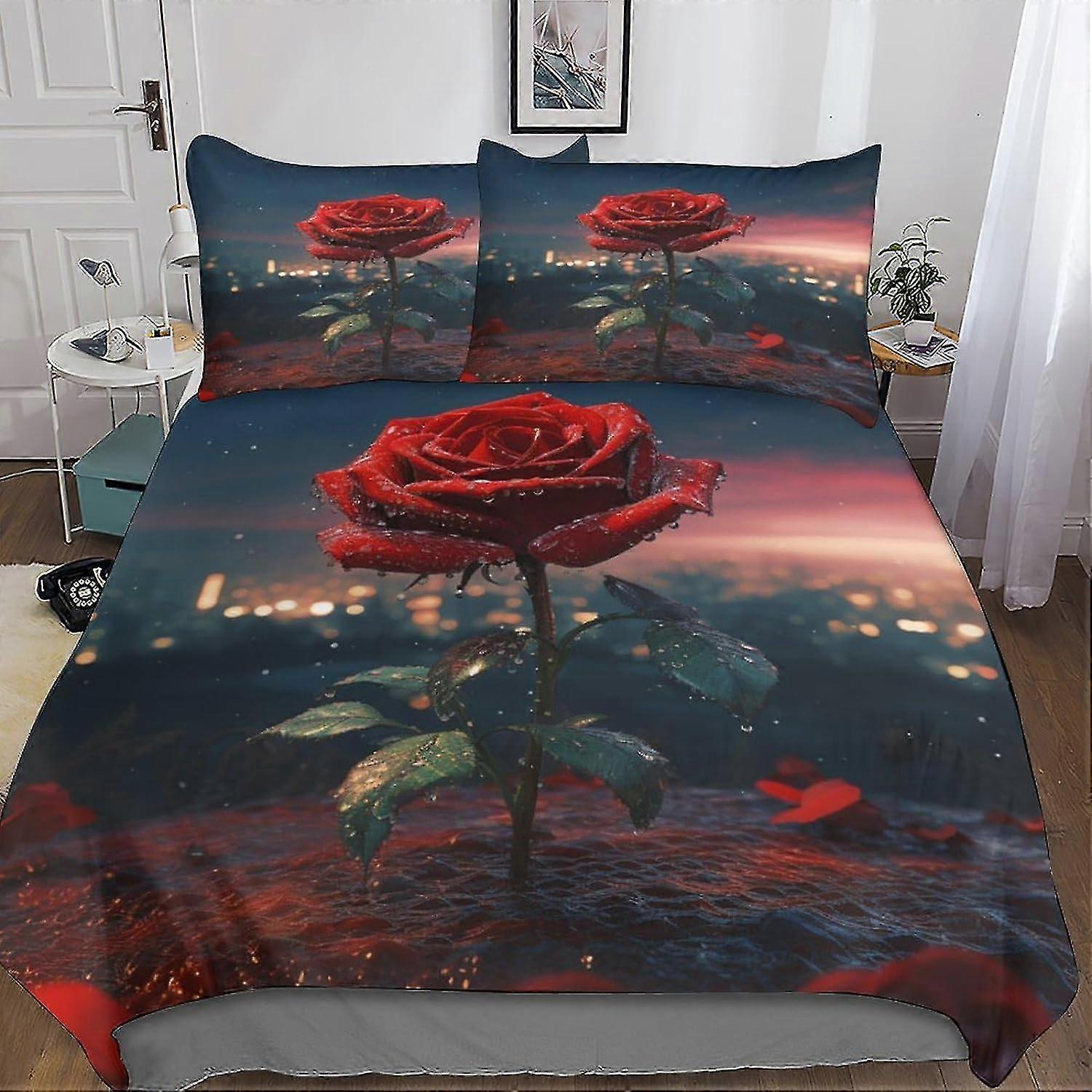 Conjunto de capa de edredom de microfibra macia de 3 peças com zíper oculto, design 3D Flame Rose para crianças e adultos