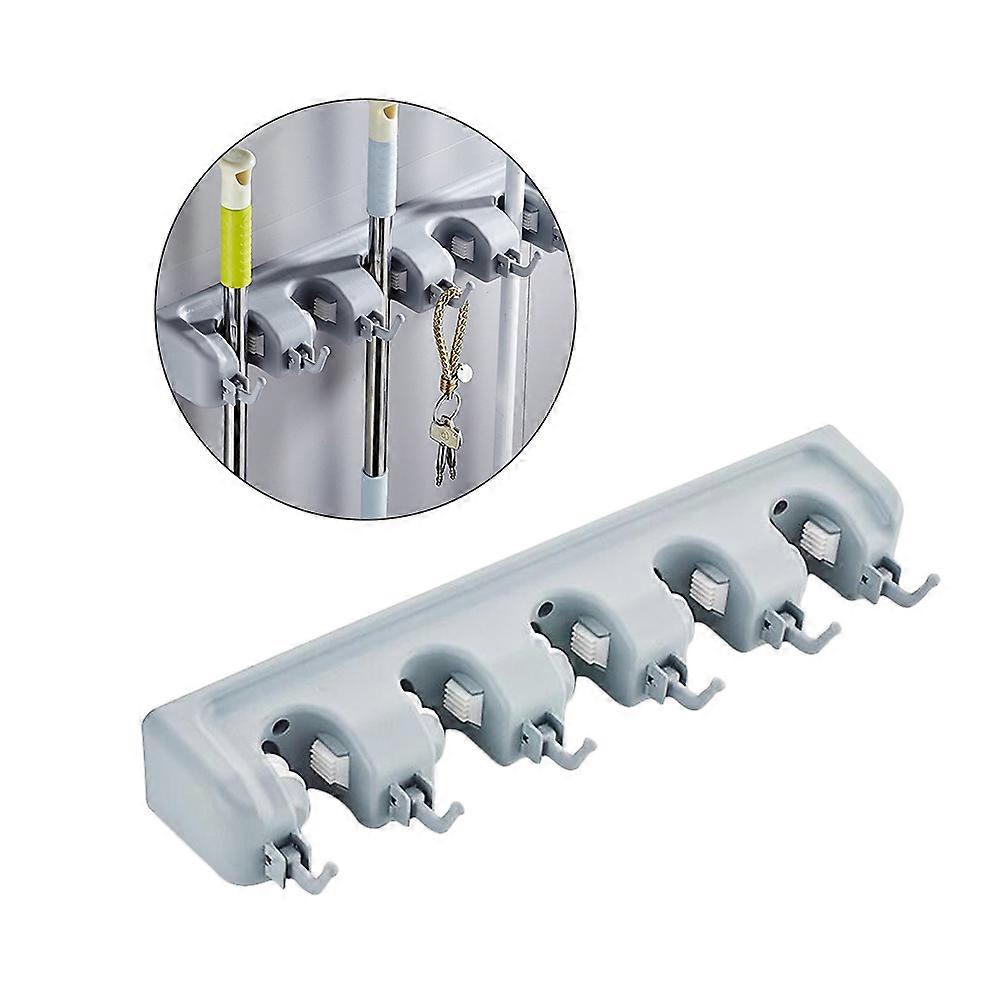 Wall Mounted Mop Holder and Brush Organizer for Home Use Plastic Grey Waterproof with 6 Hooks and 5 Positions