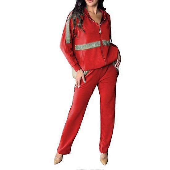 2 Pcs/Set Women Sweatshrit Pants Suit Sequin Hooded Long Sleeves Zip-up Sport Hoodie Elastic Waist Trousers Fitness Outfit Fall Spring Commuting