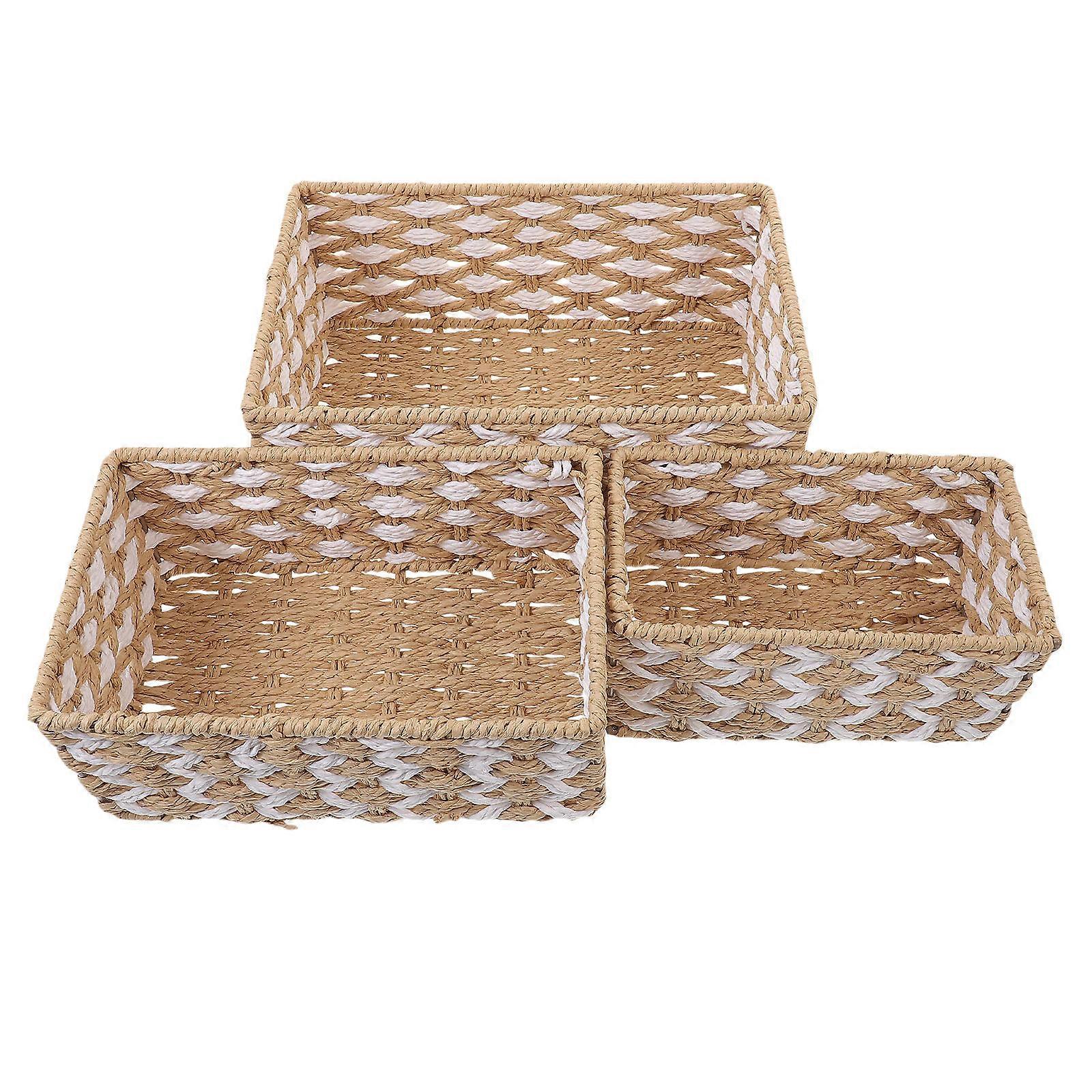 3pcs Woven Storage Baskets Space Saving Stackable Desktop Organizer for Home, Office Design for Stationery, Cosmetics, Snacks