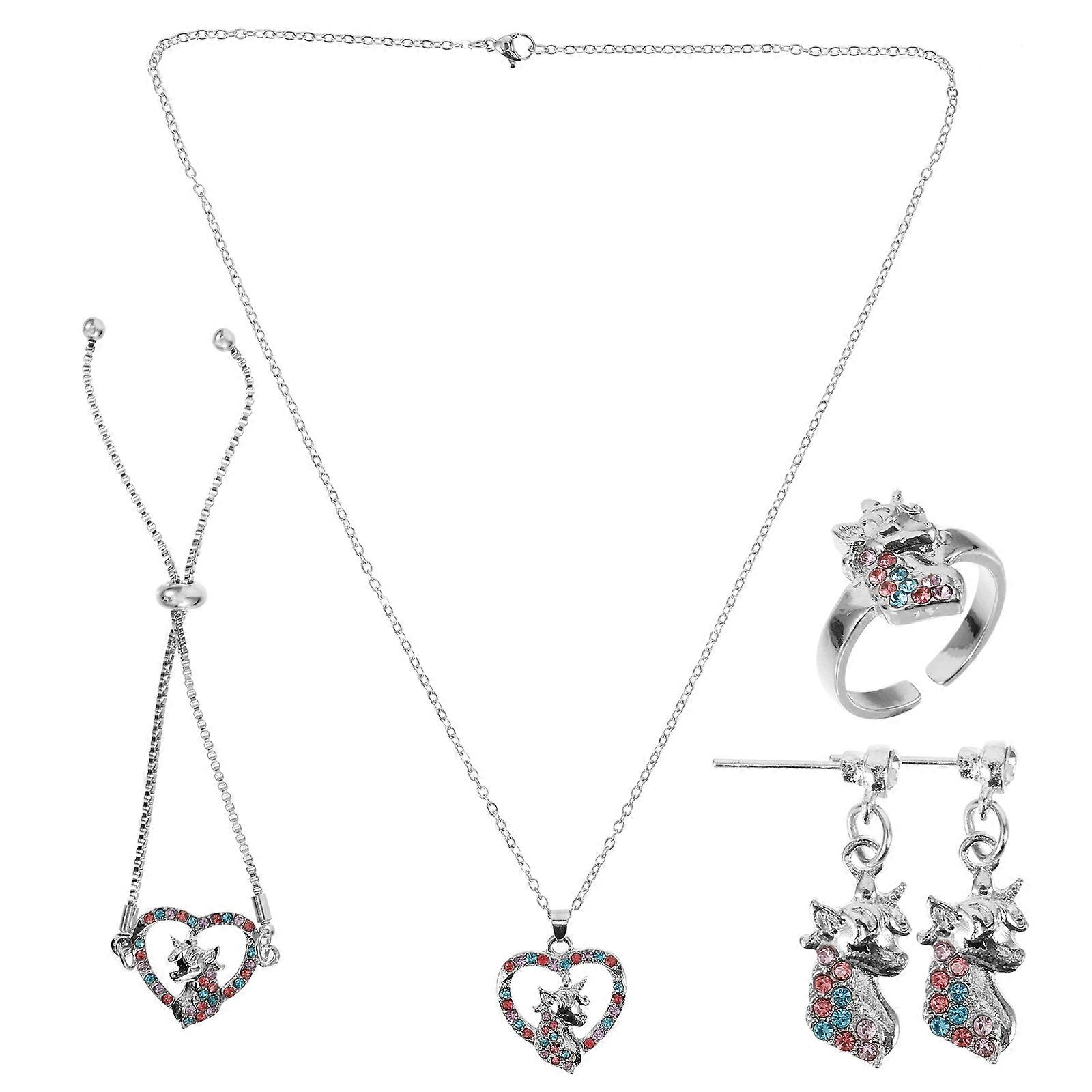 Cute Unicorn Jewelry For Girls Featuring Heart Necklace Bracelet Decorative Earrings And Ring In Silver Alloy 1 Set