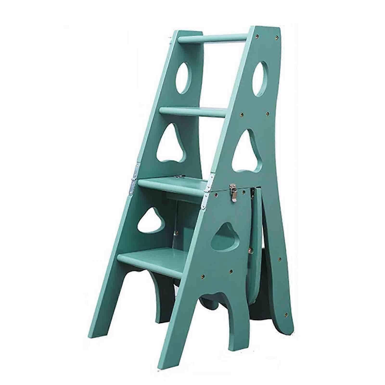 4 Steps Ladder Stool, Folding Wooden Step Ladder, Green Multifunctional Stair Chair for Library, Bookcase, and Dining Room