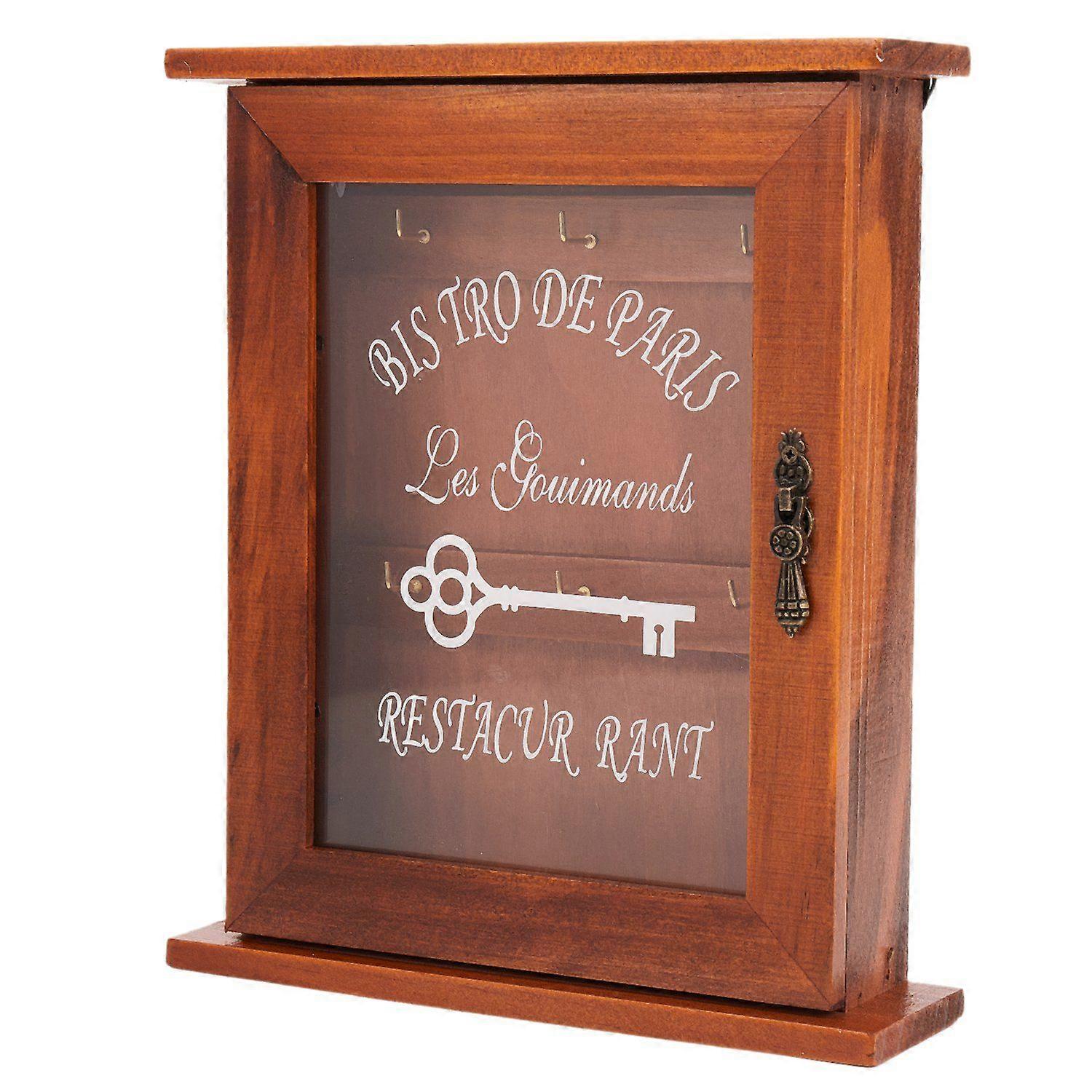 Vintage European Style Wooden Key Storage Cabinet Key Holder Box with Hanging Hooks Brown