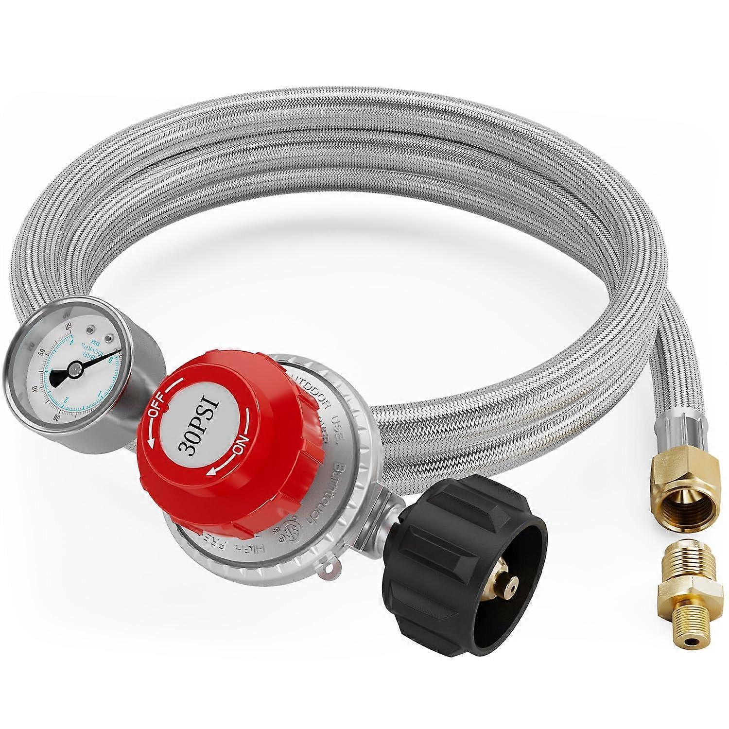 Propane Regulator 6 Ft, 030 PSI Adjustable, 060 PSI Gauge, Gas Flow Indicator, For LP Gas Cookers/Burners/Smokers